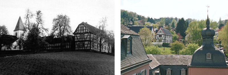 Siegburger Hof von Osten aus gesehen (um 1960) und im Blick aus der Kommende (2005)