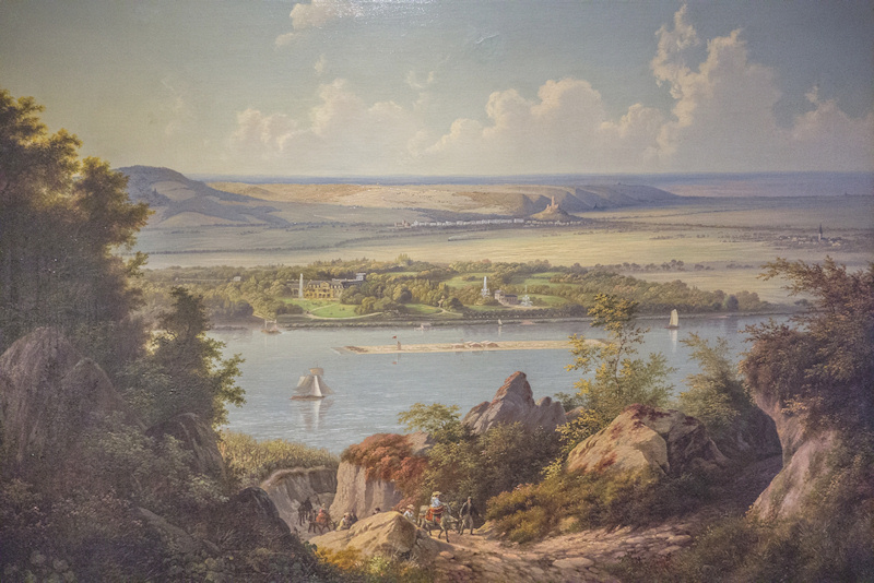 Nikolaus Christian Hohe (?), Blick vom Drachenfels auf das rechte Rheinufer und die Villa Deichmann, um 1850 (Siebengebirgsmuseum Königswinter)