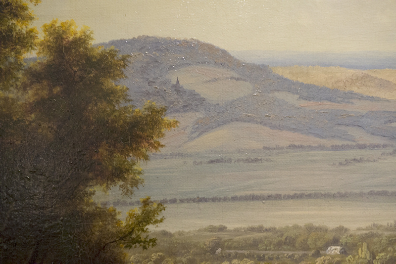 Detail aus dem „Hohe“-Gemälde mit der Muffendorfer Kirche, deren Kirchturm wie eine Landmarke vor dem grünen Wiesenland steht