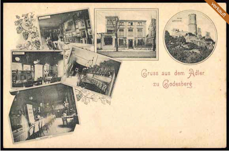 Postkarte des Hotels „Zum Adler“ aus Godesberg mit den Gasträumen und Teilen der Kunstsammlung, rückseitig der Aufdruck „Hotel Zum Adler – Jean Koep“.